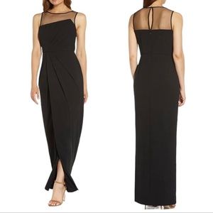 Adrianna Papell Stretch Crepe Sleeveless Illusion Round Neck Draped Sheath Gown